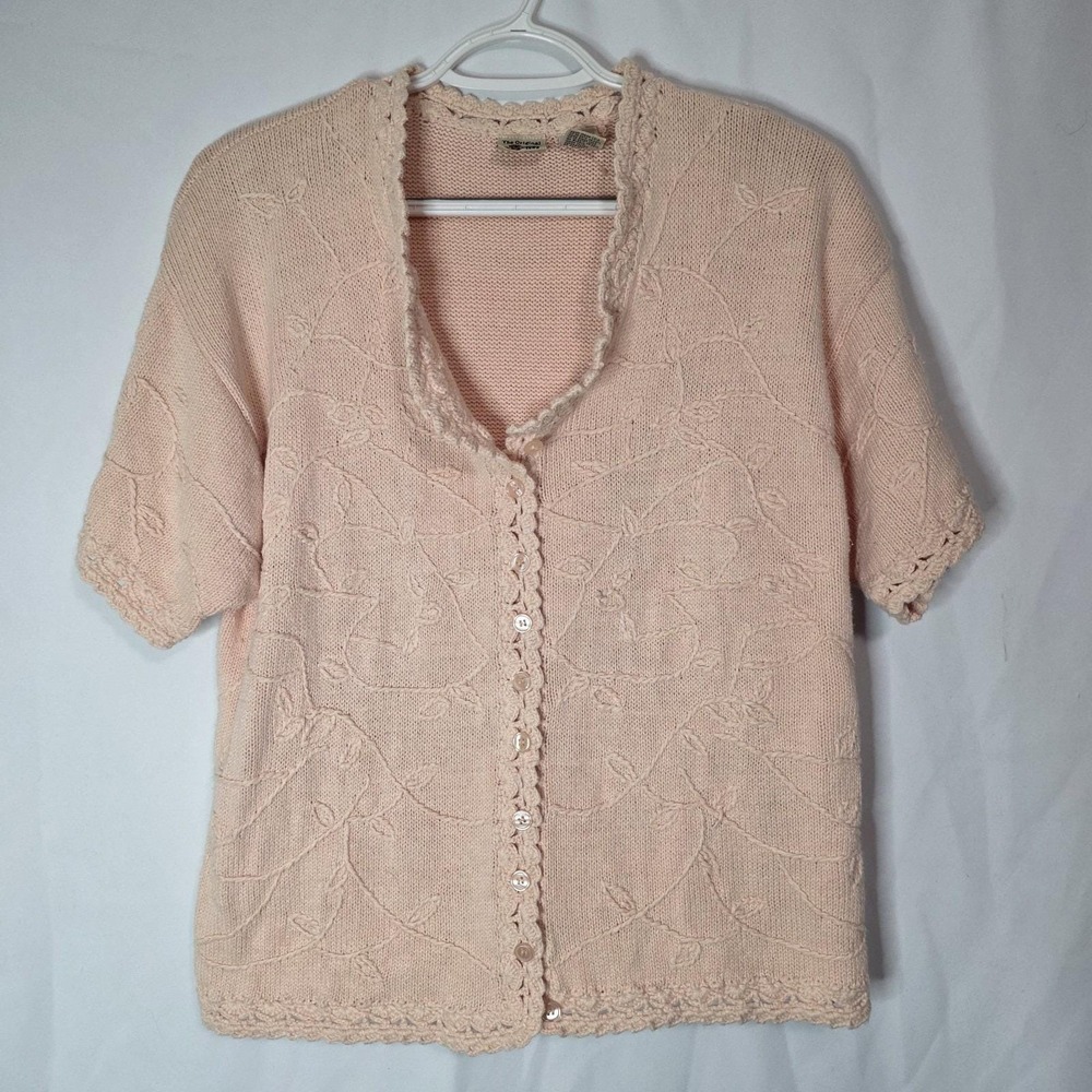 Fairycore Cardigan Women Blush Pink Crochet Floral Vintage Knit Button Up Top